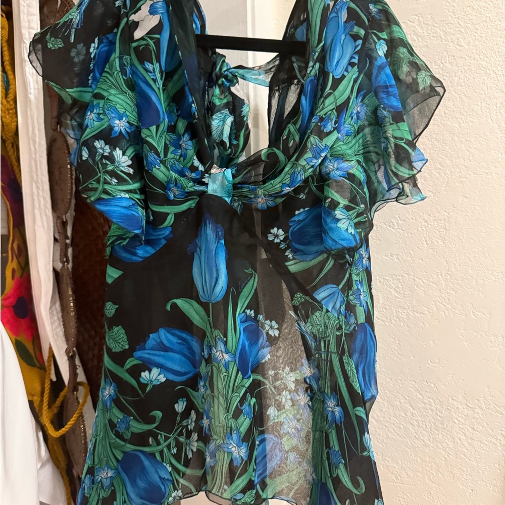 Gucci Black Sheer Floral Camisole with Blue & Green Print